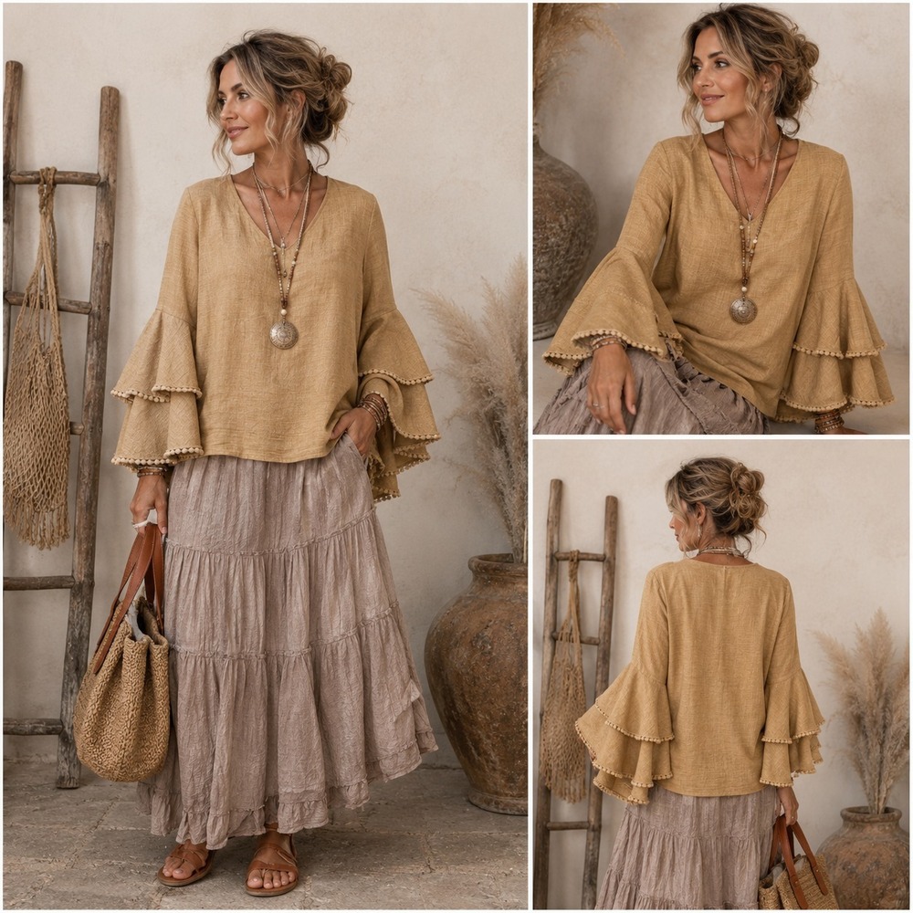 Hummingbird Ruffle Sleeve Blouse M Mustard Yellow Tiered Bell Sleeve Boho Top